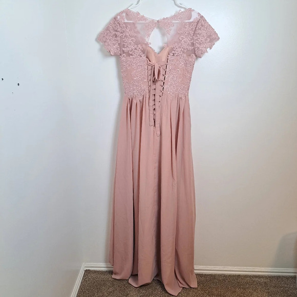 Pink Mesh Embroidered Ruffle Layered Chiffon Short Sleeve Prom Formal Dress Sz 6 - Picture 2 of 7